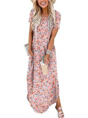 Women's Maxi Dress Floral Blue Pink Crew Neck Cap Sleeves A LINE Summer Soft